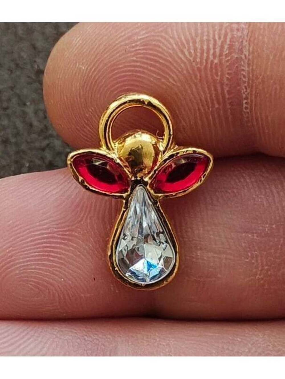 1990s Gold Angel Pin With Red & Clear Rhinestones